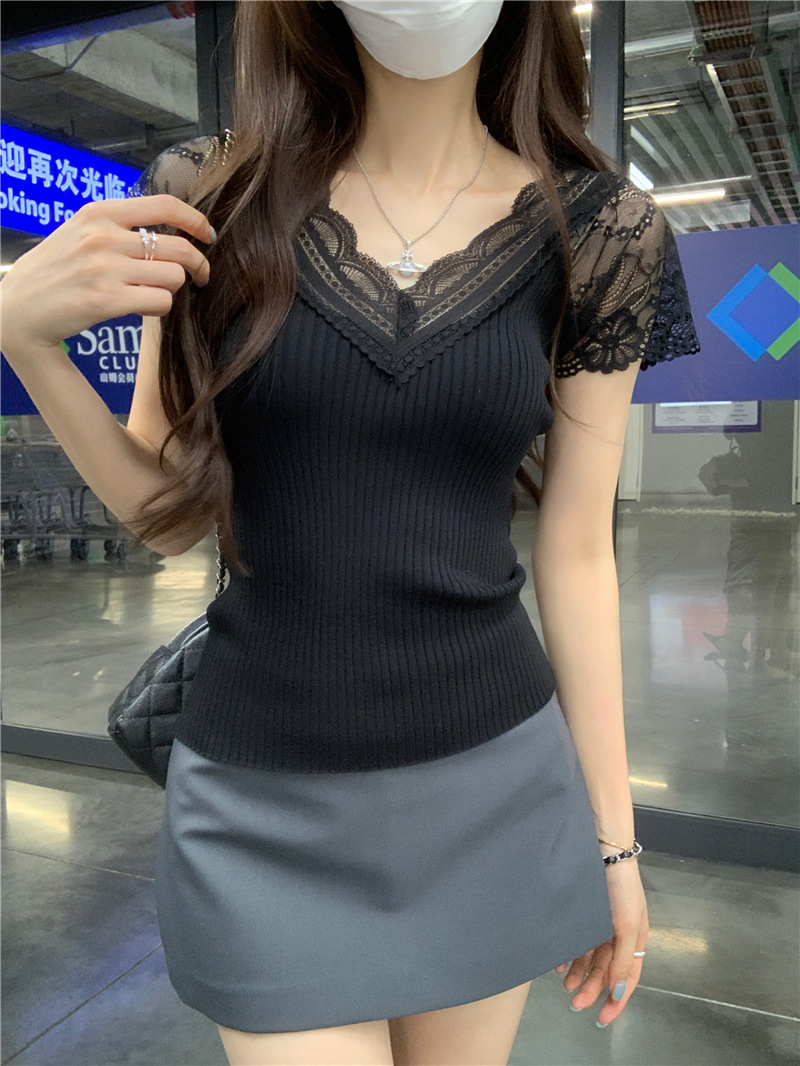 甜辣妹花边领夏设计感蕾丝小飞袖短袖修身显瘦针织衫女上衣详情10