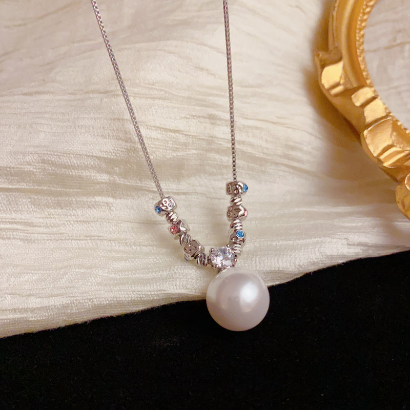 法式轻奢时尚高级感金属镶钻方块珍珠吊坠项链气质简约百搭锁骨链详情11