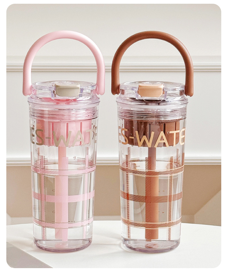 Checkered handle portable straw cup, summer TRitan water cup, high appearance level, heat-resistant plastic cup with scale pic 14