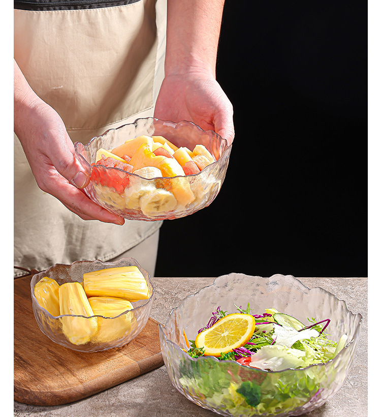 Glass fruit plate, large household salad bowl decoration, snack arrangement, hammer-patterned transparent creative Japanese dessert plate pic 5