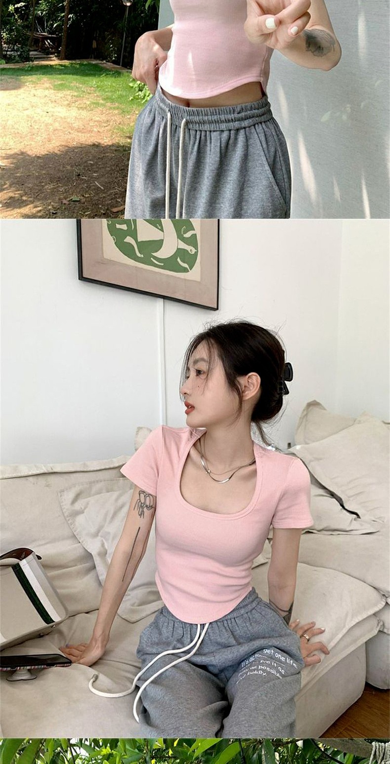 纯欲甜辣妹正肩方领短袖T恤女夏季ins设计感小众百搭显瘦短款上衣详情7