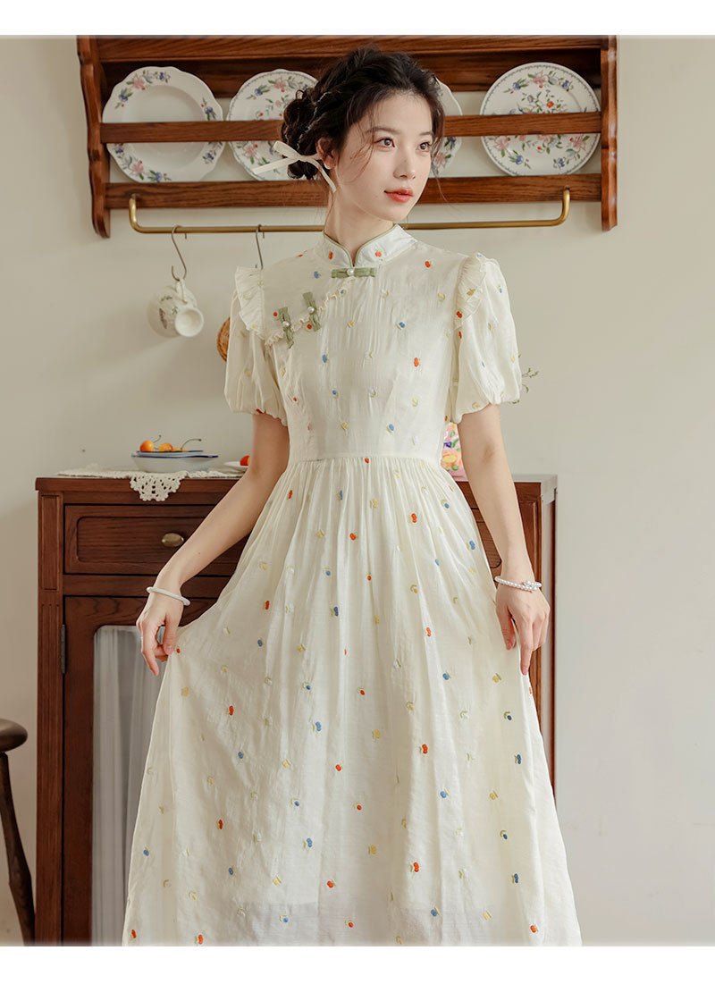 Improved cheongsam, new Chinese-style retro button-up, petite puffed-sleeve dress for women, summer long dress for export pic 26