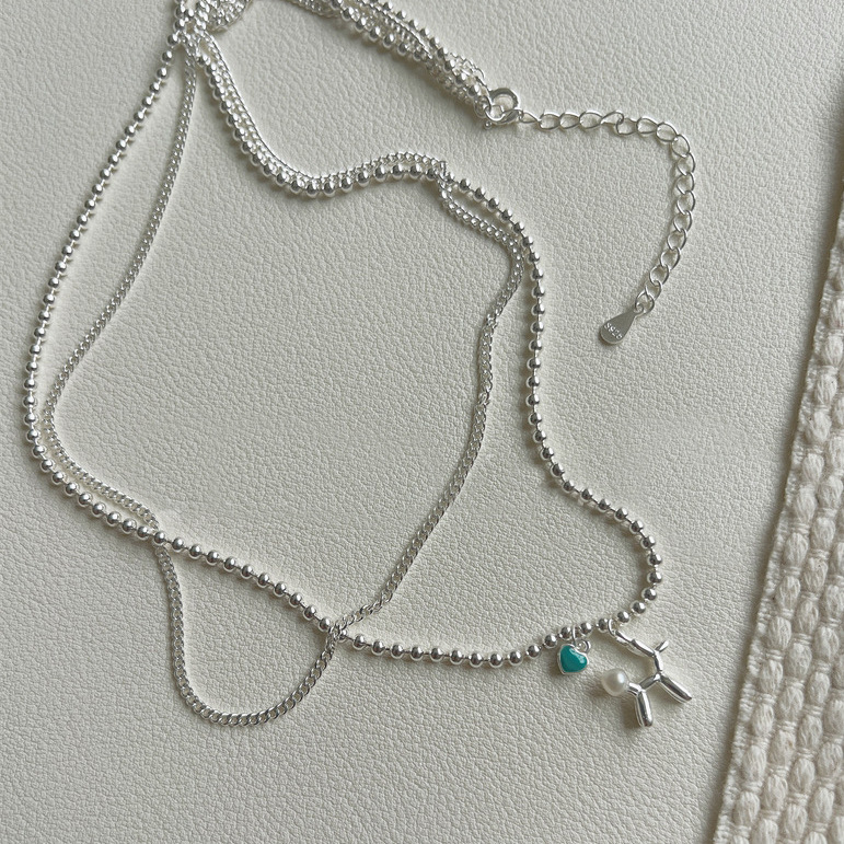 Korean InS-style S925 sterling silver double-layer balloon dog resin heart-shaped necklace, a unique and simple design accessory for women pic 5