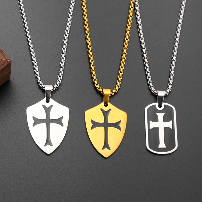 European and American paladin cross shield necklace, retro and unique epoxy resin European and American punk pendant pic 5