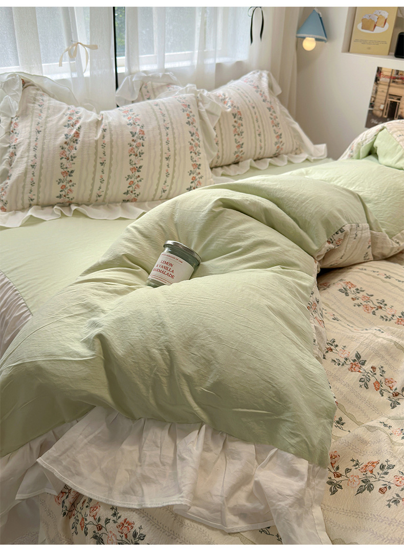 French romantic princess-style lace washed cotton four-piece set, small floral skin-friendly quilt cover, dormitory three-piece set, bed skirt style pic 40
