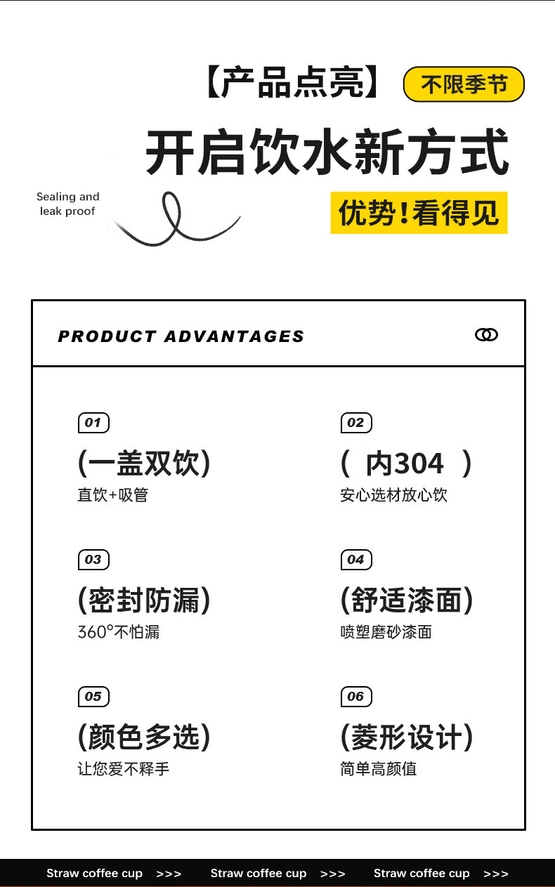 跨境菱形304不锈钢保温杯菱形渐变吸管咖啡杯大容量保冷冰霸水杯详情1