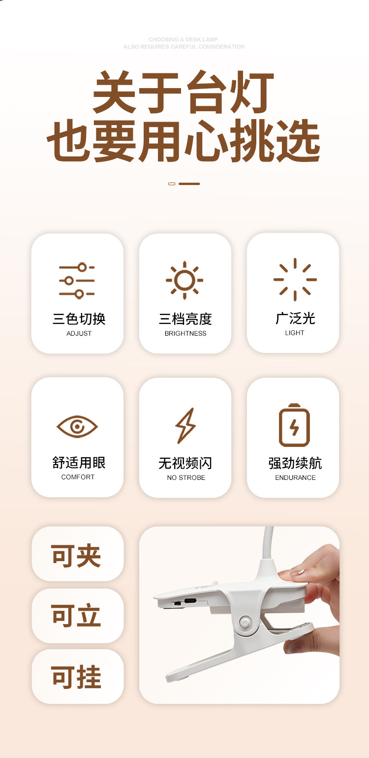 LED夹式小台灯学习专用宿舍学生儿童阅读充插两用卧室书桌床头灯详情3