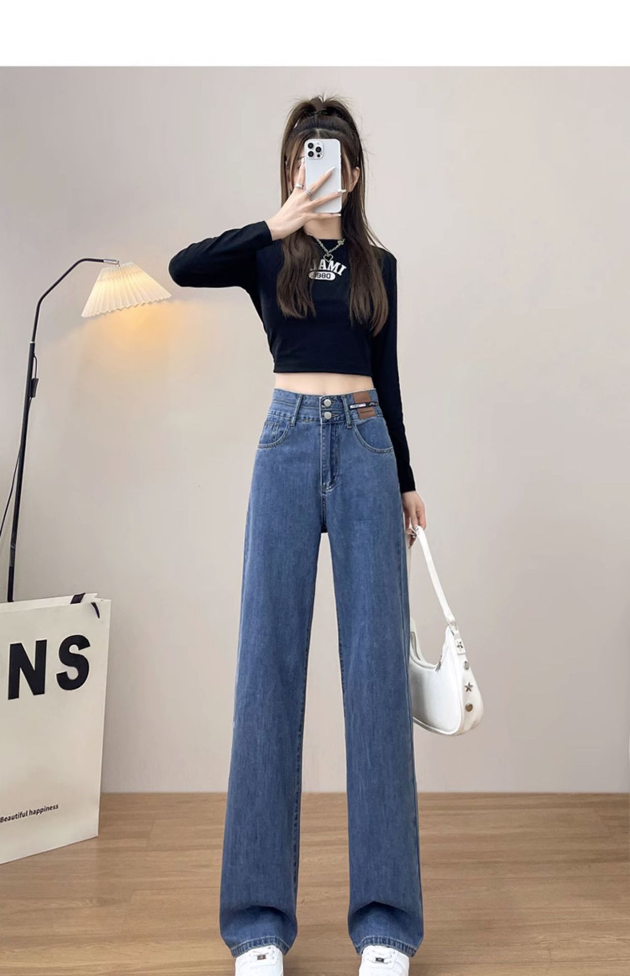 牛仔裤女复古韩版直筒宽松高腰2025春秋季新款潮小个子窄版阔腿裤详情56