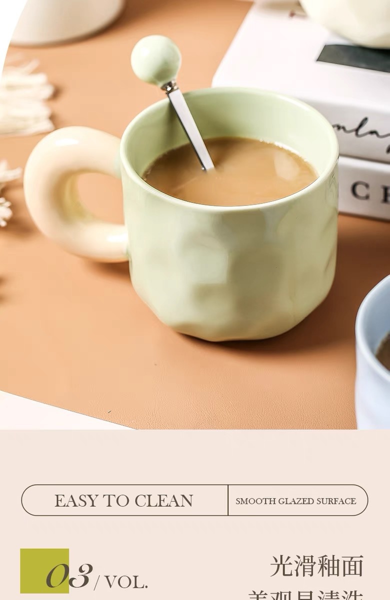 Milk fufu high-appearance-level couple cups with LIDS, spoons, contrasting colors, hand-molded patterns, large ears, ceramic cups, office home coffee pic 3