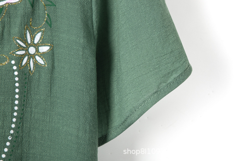 夏季透气套装女式两件套薄印花二件套妈妈装棉麻印花宽松舒适T恤详情12