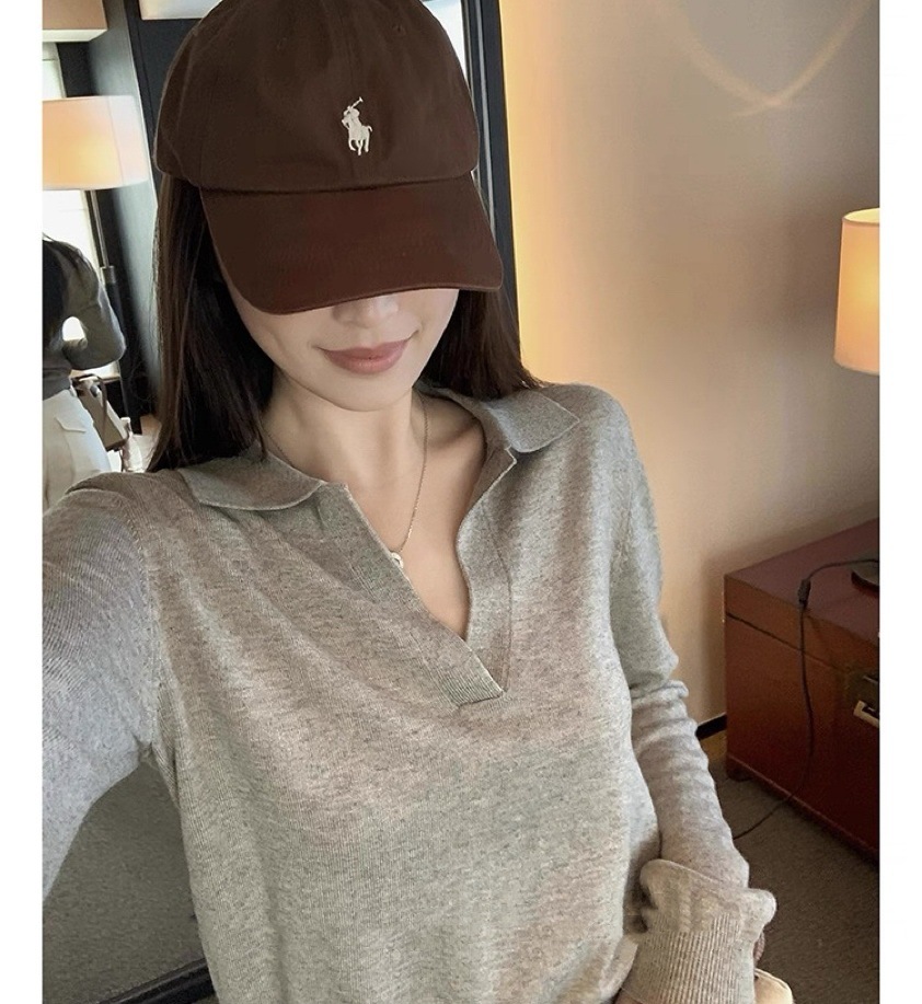 Lin12-高智淡人毛衣老钱风Polo领针织衫女慵懒休闲V领长袖上衣详情9