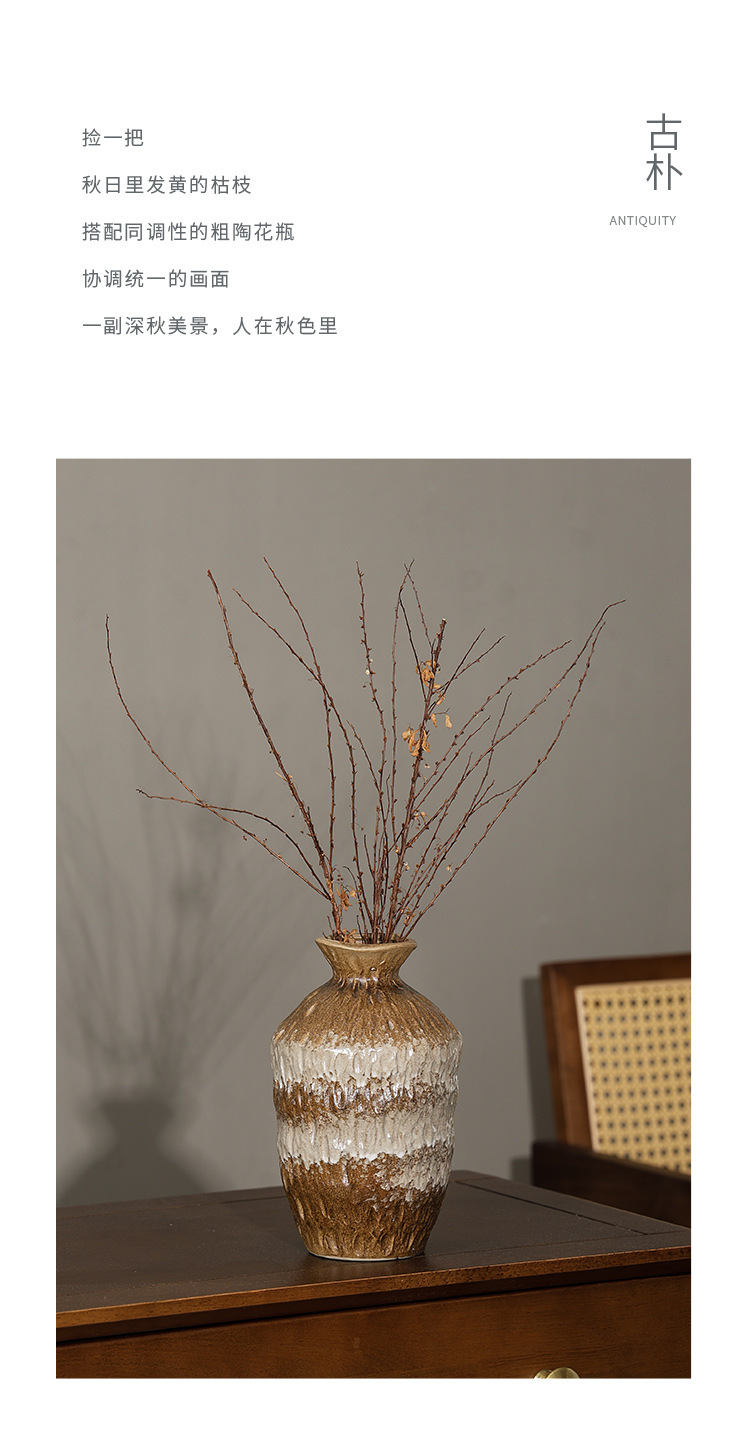 2026 European retro style ceramic vase, wabi-sabi style living room high-end feel, coarse earthenware jar, simple dried flower arrangement, flower vases and ornaments pic 2