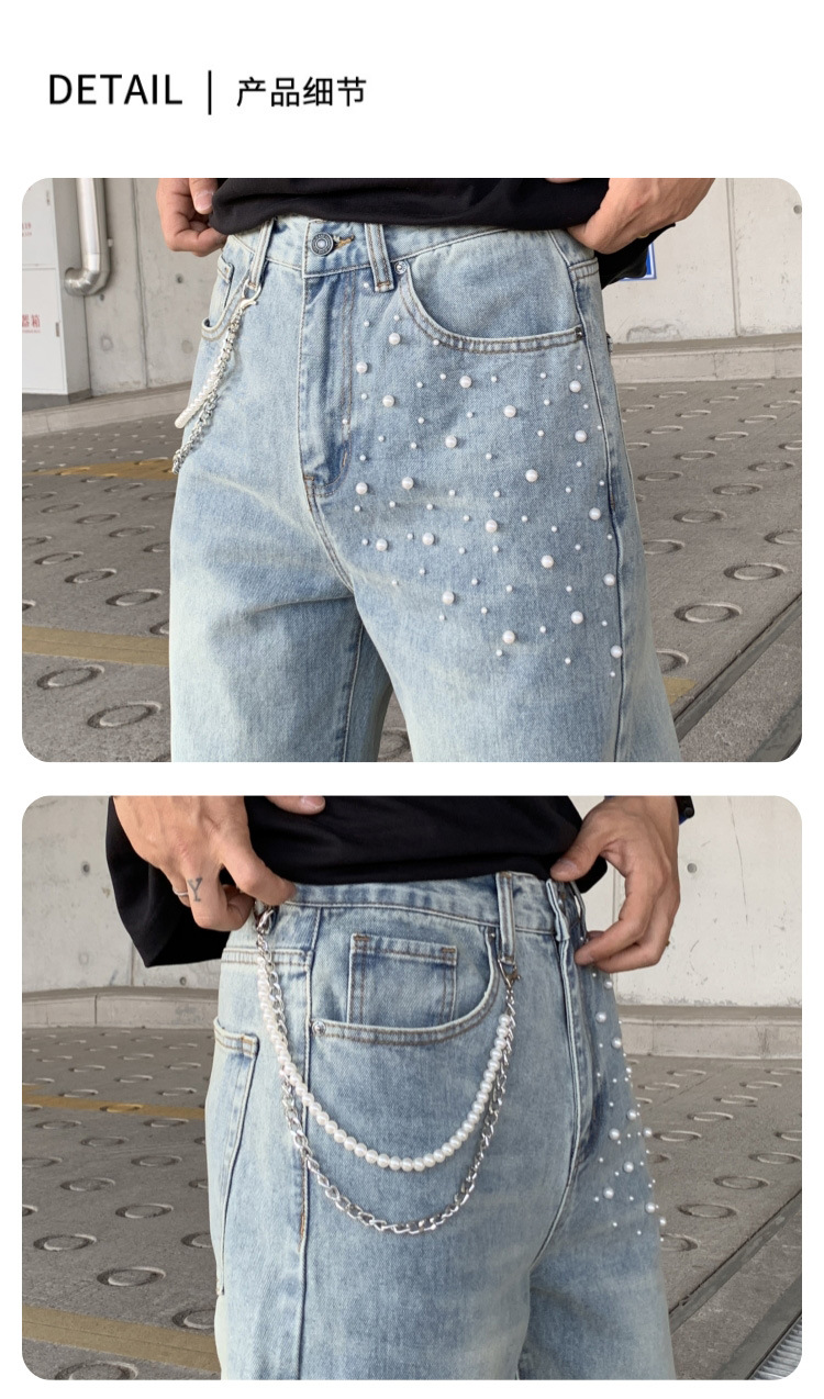 Cross-border Parisian style beaded jeans for men, 2025 new trendy streetwear brand loose straight-leg wide-leg pants for men pic 5