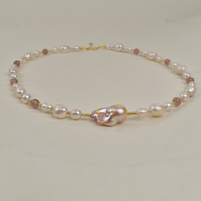 French caramel grass mold crystal natural stone Baroque natural freshwater pearl necklace, a new high-end sweater chain for women pic 6