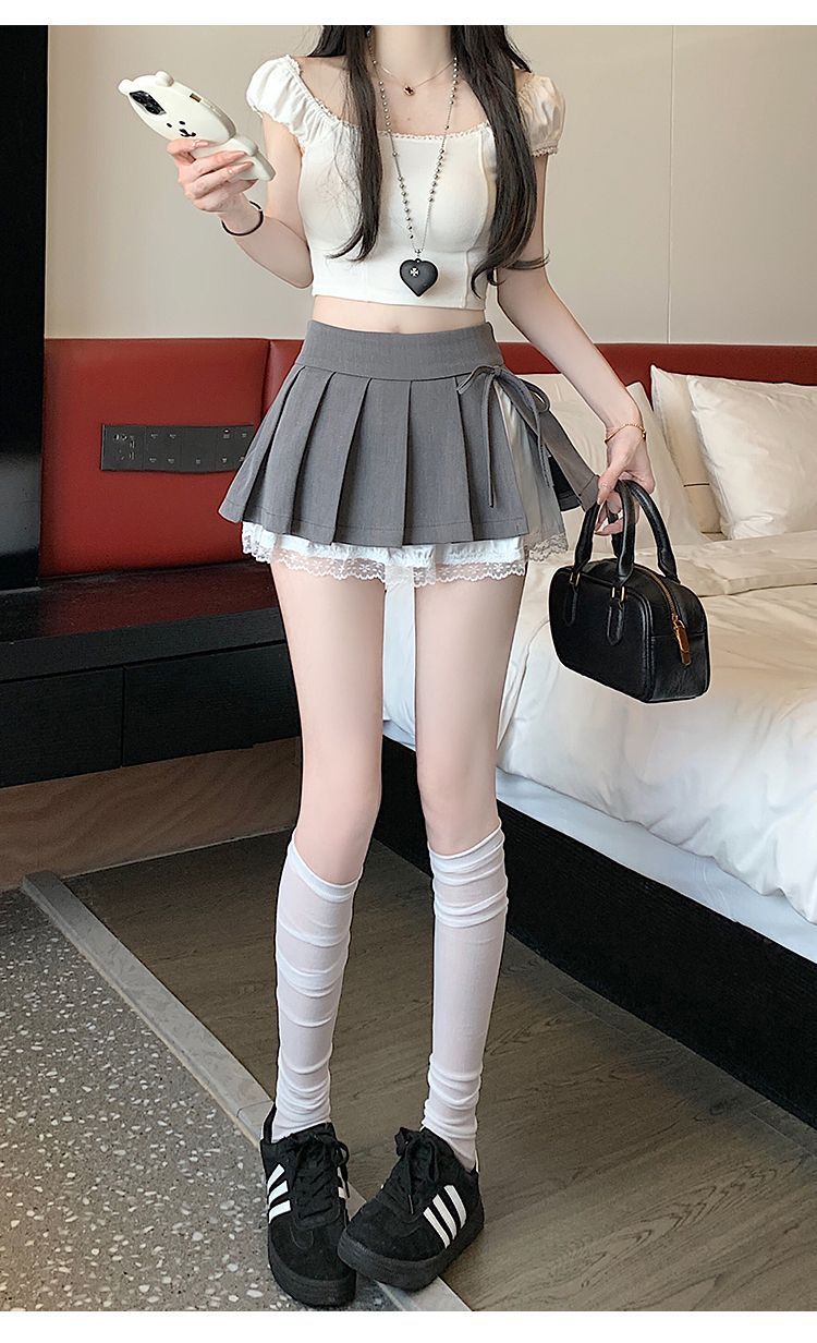 甜美纯欲风百褶半身裙女春夏新款蕾丝拼接蝴蝶结高腰防走光超短裙详情9