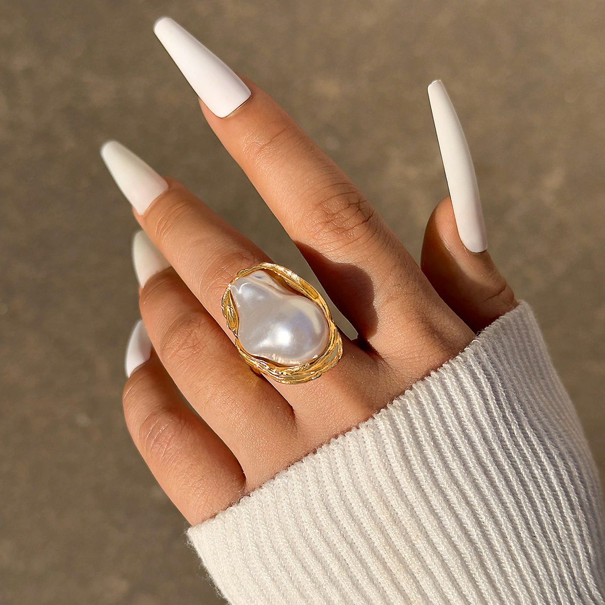 欧美跨境法式复古异形珍珠戒指女食指指环个性时尚设计开口尾戒详情7