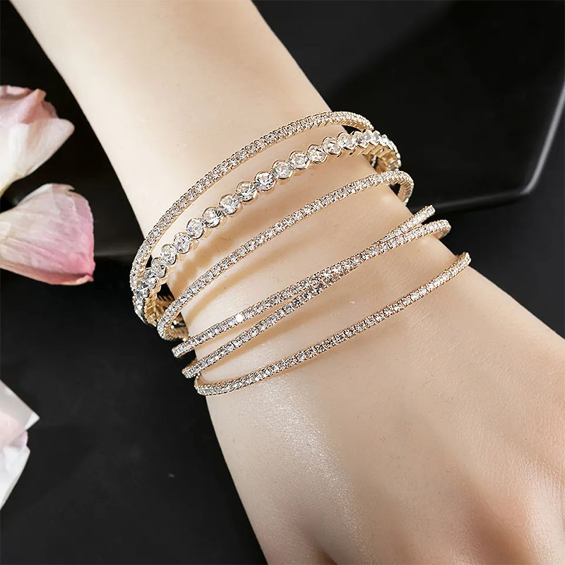 Super dazzling diamond claw chain bracelet for party gatherings, 2-row gold coin claw cross opening bracelet, 4-row and 6-row multi-layer jewelry, popular water diamond jewelry from Europe and America cross-border pic 8