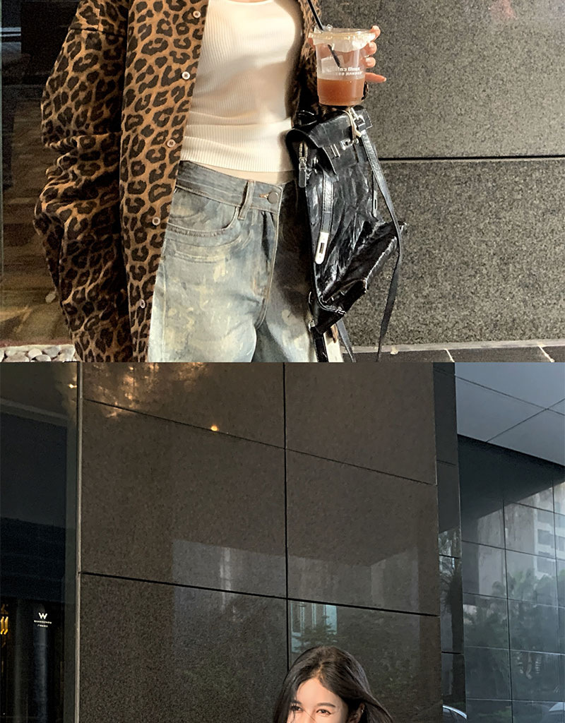 美式复古豹纹Polo领衬衣外套女早秋慵懒风宽松气质中长款风衣上衣详情16