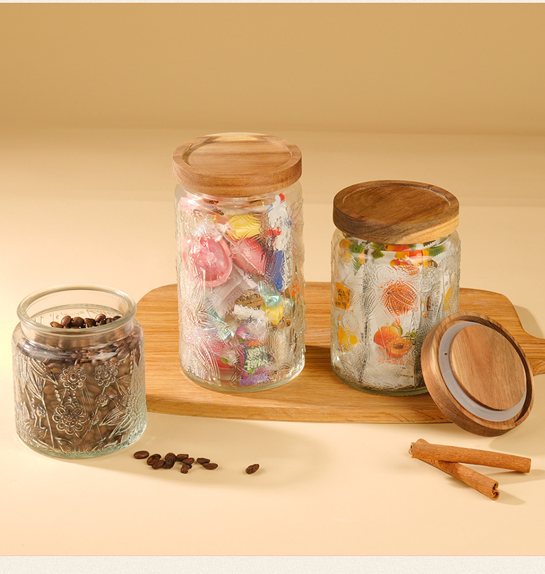 Nordic-style retro patterned glass sealed jar, high appearance level glass jar, kitchen storage jar, dried fruit and snack storage jar pic 9