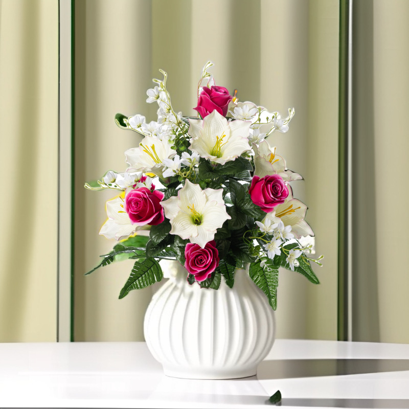 外贸跨境货源24头大把束仿真花玫瑰百合假花花束仿真花装饰摆件详情2