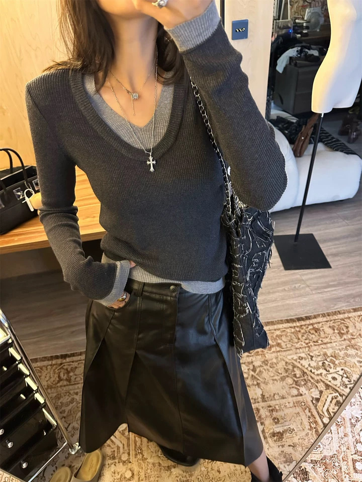 KANING假两件v领针织打底衫女秋季新款高级感内搭毛衣修身上衣潮详情8