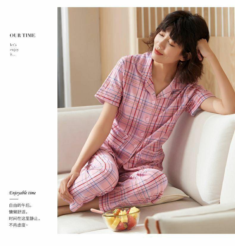100%纯棉睡衣女夏季薄款短袖长裤大码家居服套装夏可外穿详情19