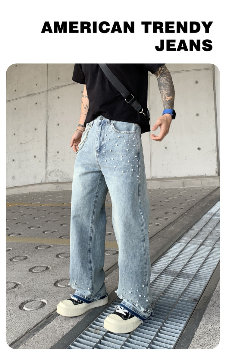 Cross-border Parisian style beaded jeans for men, 2025 new trendy streetwear brand loose straight-leg wide-leg pants for men pic 1