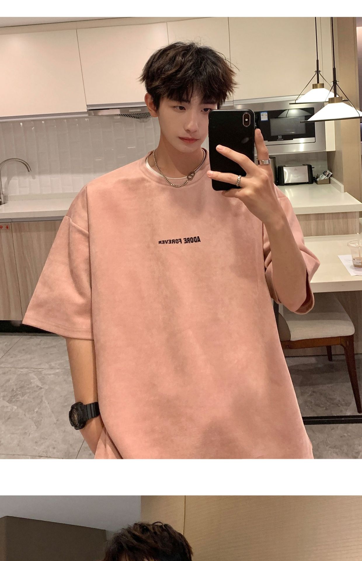 Avocado Green 320g heavyweight T-shirt for men, American retro suede short-sleeved, oversized small collar, three-quarter sleeve pic 35