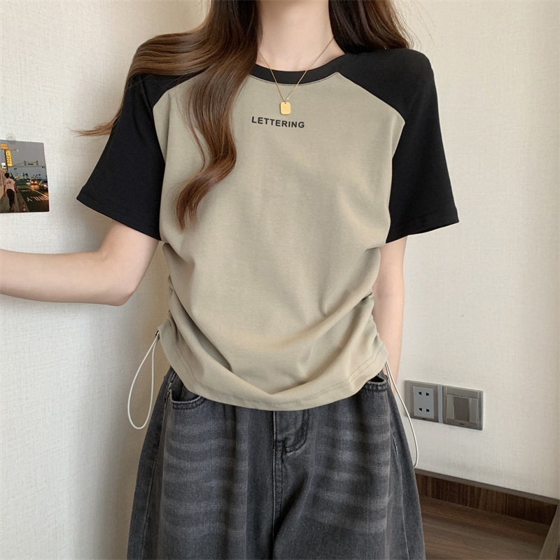 短袖T恤女夏季印花字母打底衫大码显瘦休闲正肩撞色抽绳上衣外穿详情17