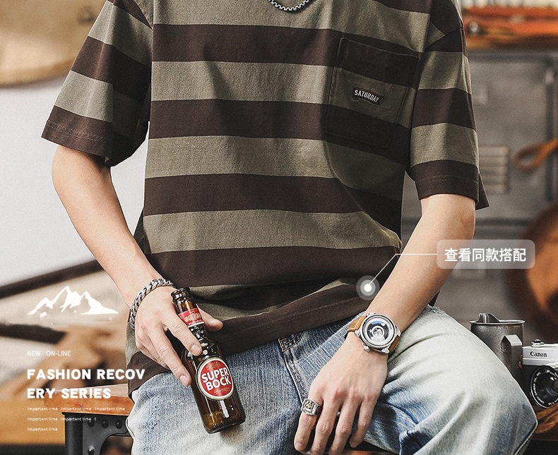 32支双纱平纹纯棉T恤男短袖夏季美式复古重磅宽松大码条纹男体恤详情3