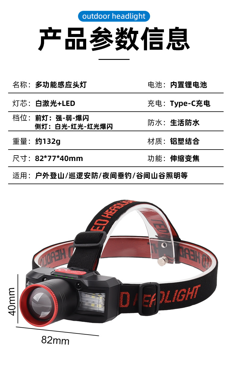 白激光芯片挥手感应头灯USB可充电户外头戴式夜钓灯白激光头灯详情15