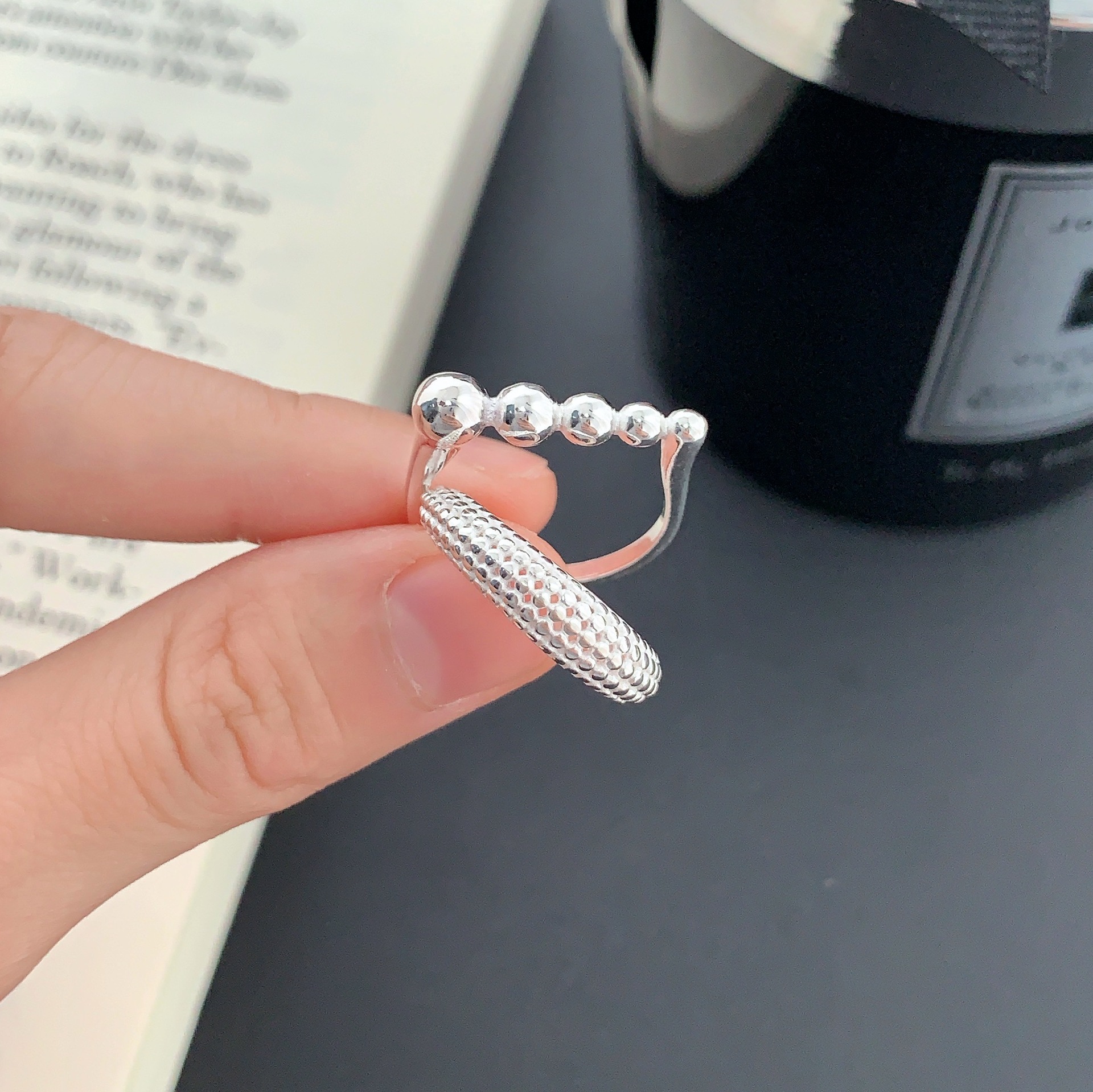 Korean version S925 sterling silver 11.20ins niche design sense round bead ring, Korean fashionable INS style texture ring, adjustable pic 7