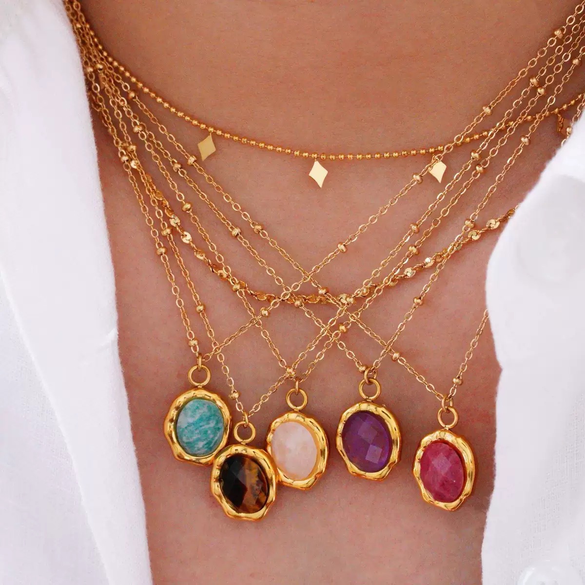 跨境ins时尚轻奢蓝色系列天河石不锈钢14K金项链简约高级手工项链详情10