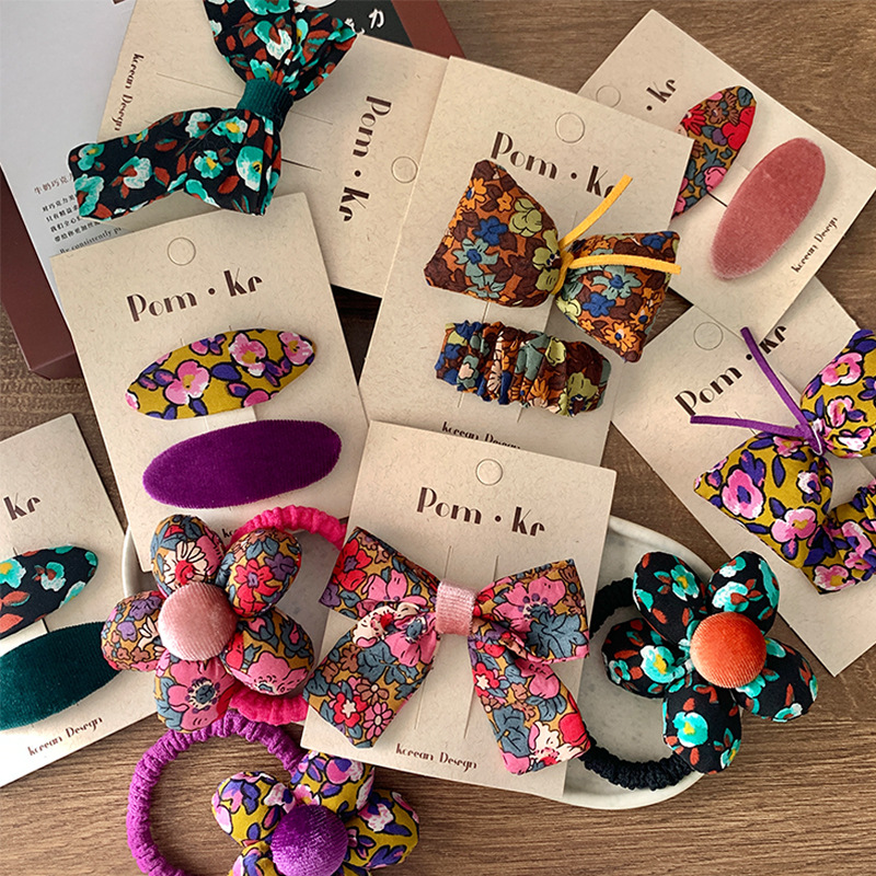 韩版彩色系碎花布艺女童bb夹蝴蝶结发夹少女心侧边碎发夹刘海夹详情2