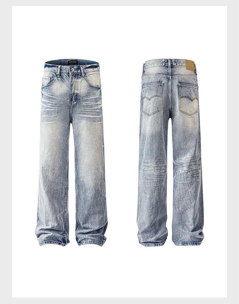 In the autumn of 2025, American-style washed distressed cat beard light blue jeans for both men and women, loose and versatile straight-leg long pants for cross-border use pic 11