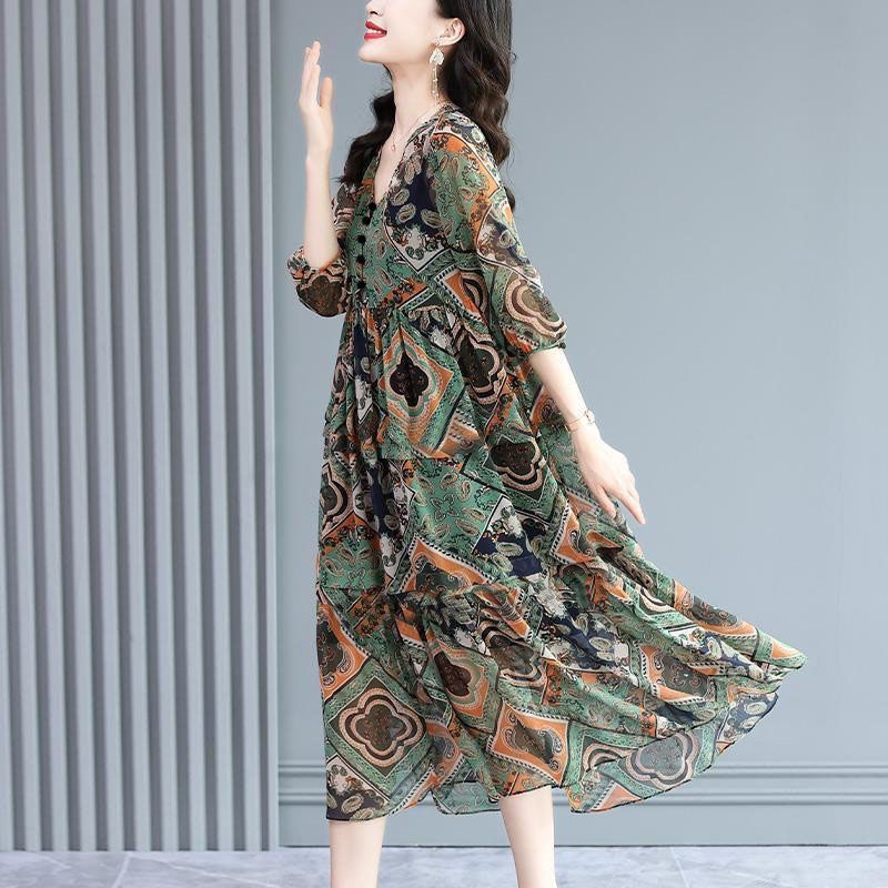 时尚气质中老年女装2023夏季新款大码宽松显瘦复古印花短袖连衣裙详情10