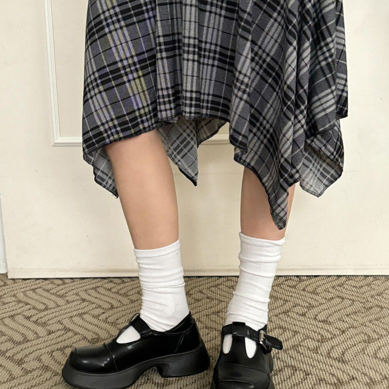 美式复古撞色格纹不规则半身裙女2024新款褶皱高腰显瘦A字中长裙详情7