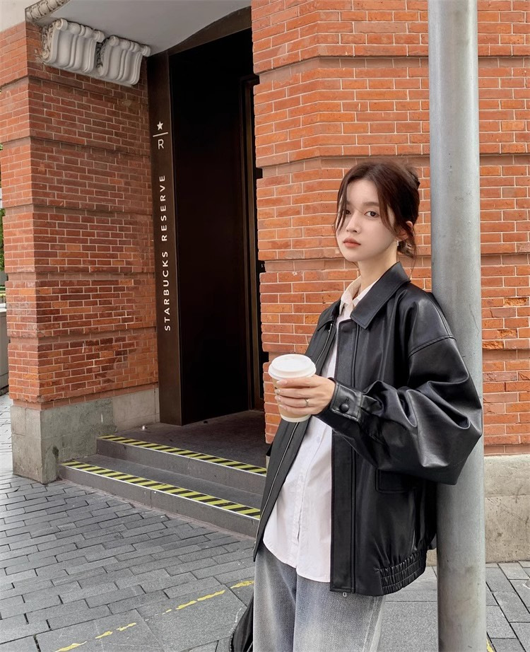 美拉德皮衣美式甜酷穿搭棕色皮衣外套防风宽松美式复古机车服夹克详情11