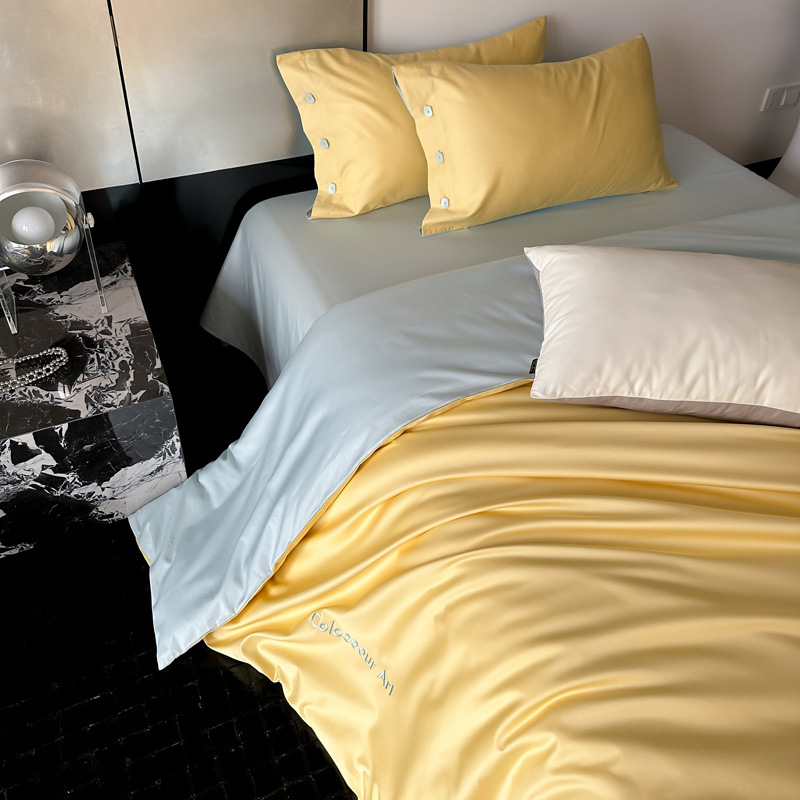 Simple, light luxury and fashionable solid-color long-staple cotton four-piece set, pure cotton letter-embroidered duvet cover, double bedding pic 92