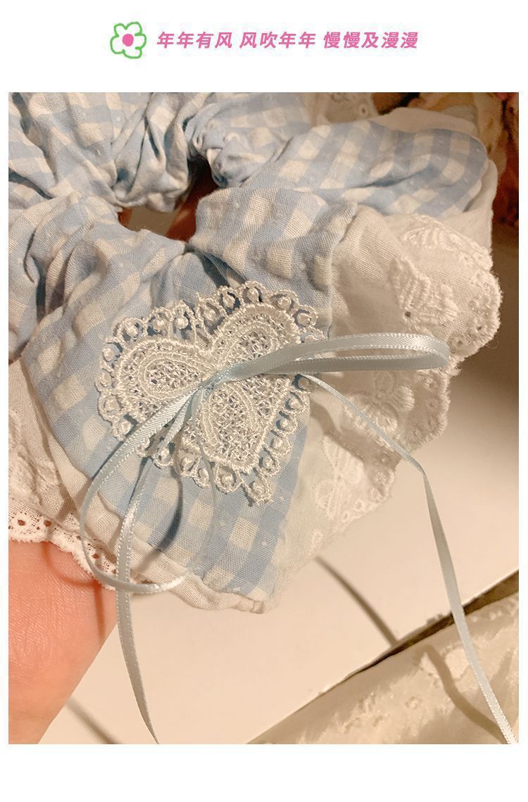 海盐泡泡蓝色格子蝴蝶结蕾丝大号发圈女韩系夏季超大头绳发饰头饰详情4