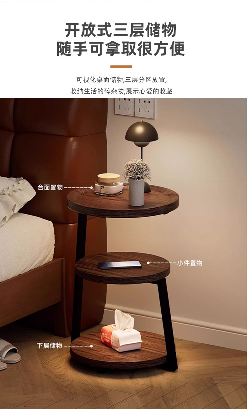 The bedside table is a small, vintage, creative round table for home use. It is a three-story bedroom bedside storage rack with a unique design sense pic 11