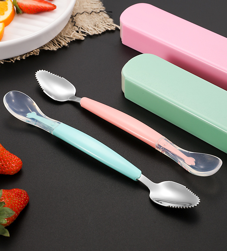 便携儿童餐具水果勺双头两用卡通宝宝硅胶刮泥勺婴儿辅食挖泥勺详情7