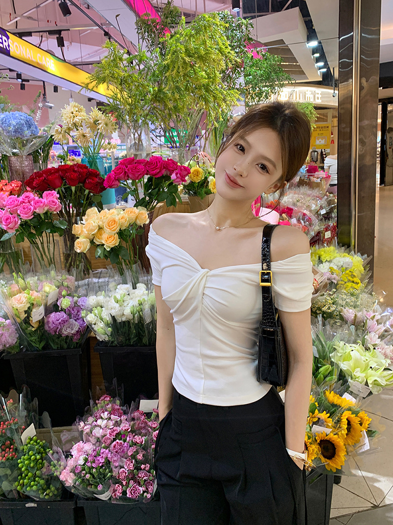 雅姿欣设计感白色短袖T恤两穿修身辣妹百搭显瘦内搭上衣女一字肩详情31