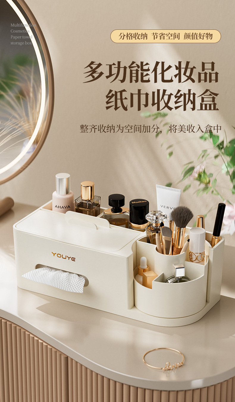 Cosmetics storage box, desktop dressing table, compartmentalized skin care product organization box, tissue box, household drawer-style storage pic 1