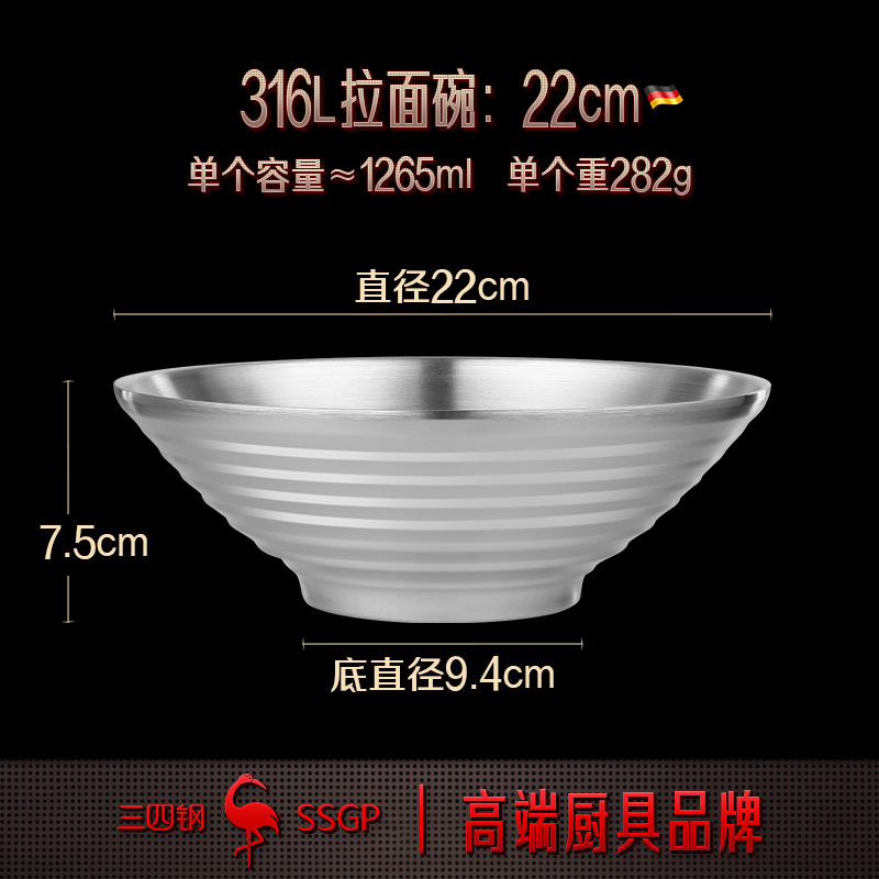 SSGP 拉面碗日式双层防烫汤碗 泡面碗家用加深大号不锈钢斗笠碗详情4