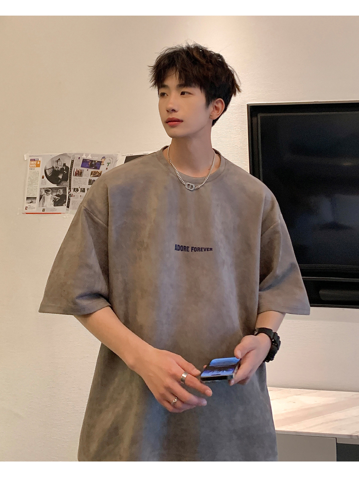 Avocado Green 320g heavyweight T-shirt for men, American retro suede short-sleeved, oversized small collar, three-quarter sleeve pic 25