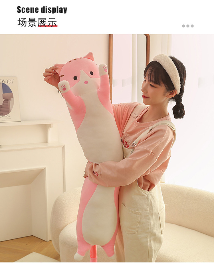 跨境长条猫胖款抱枕可爱猫咪动物公仔毛绒玩具安抚娃海外压缩包装详情18