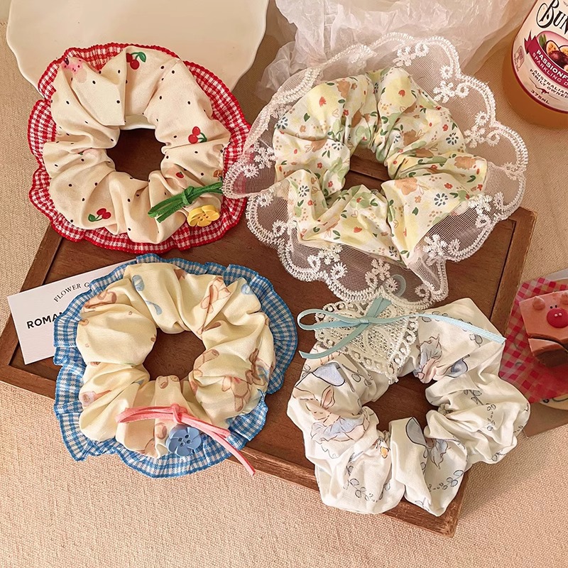 Cute little bear rabbit checkered lace trim large intestine hair band, girlish heart bow, fabric hair tie, leather band hair tie pic 19