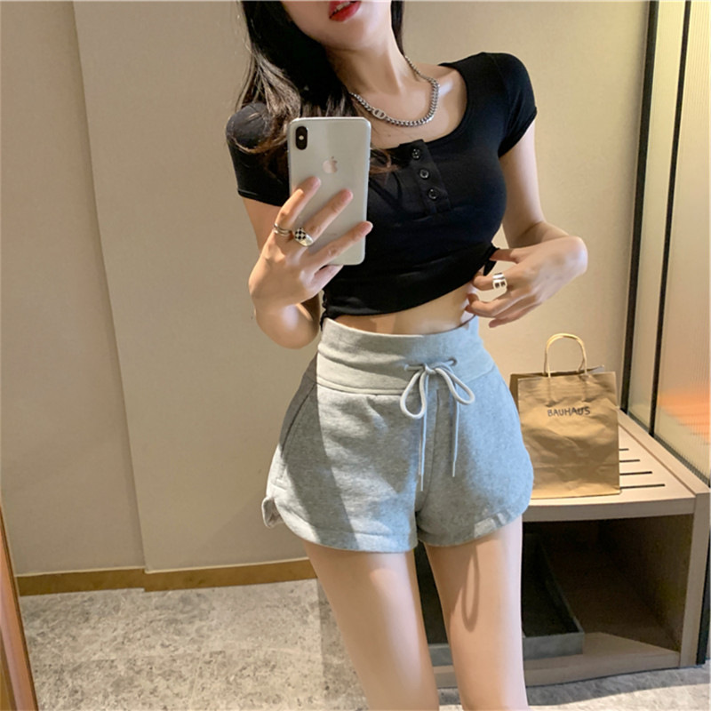 港味灰色纯棉短裤女夏季高腰抽绳休闲运动裤直筒显瘦a字辣妹裤子详情8