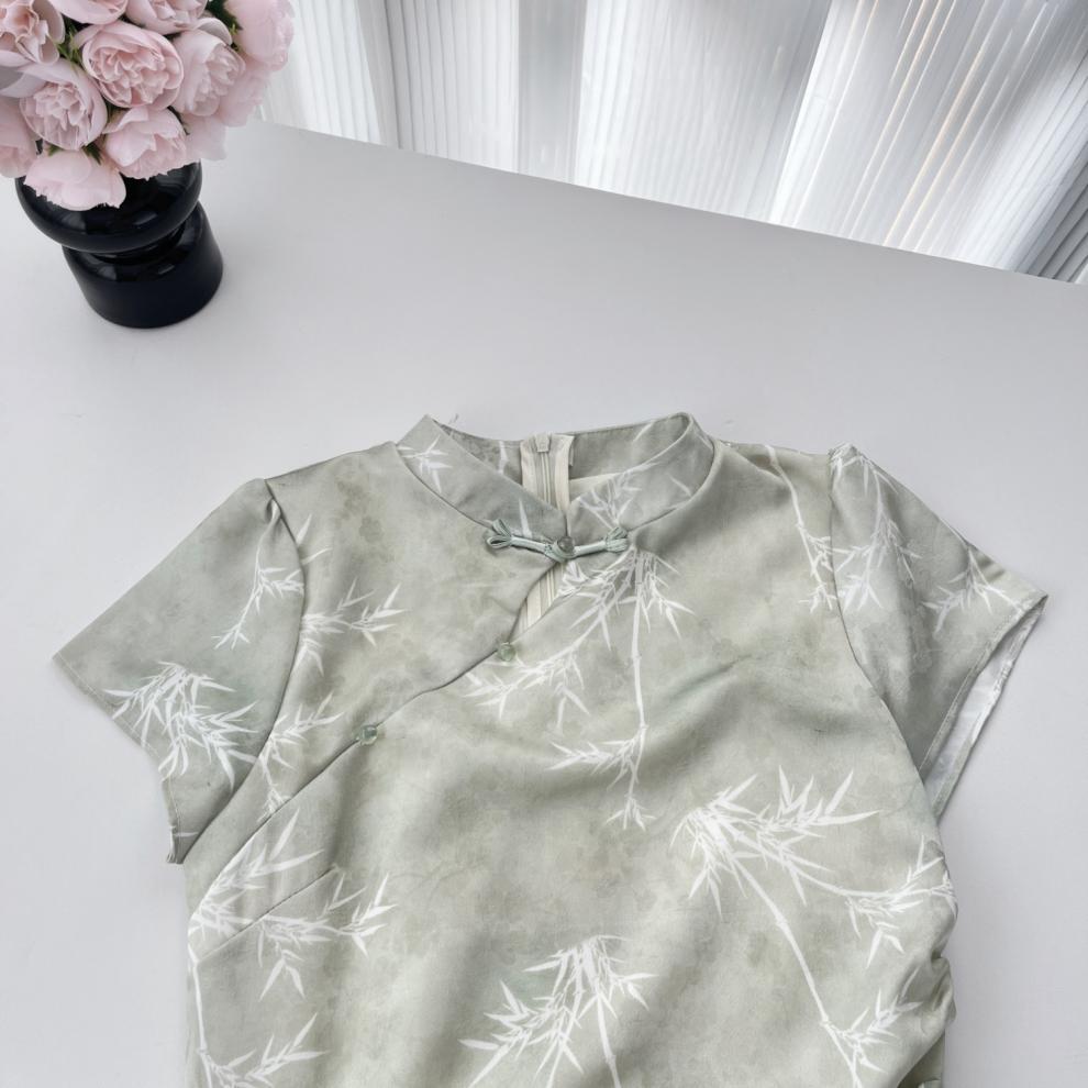 杨大卷国风假两件收腰连衣裙新中式绿色改良旗袍女不规则拼接清冷详情11